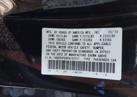 2015 Honda Accord Ex-L z USA, uszkodzony, nr VIN 1HGCR2F86FA132311